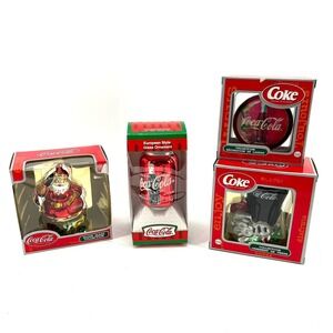 Coca Cola Christmas Ornaments Blown Glass Santa Soda Can Medallion Lot of 4 Red